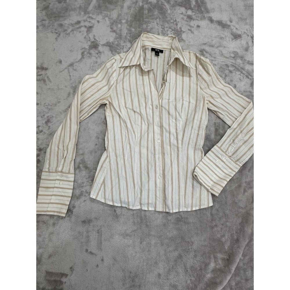BCX Button Up Shirt Women's Size Small Cream Striped Gold Thread Long Sleeve EUC